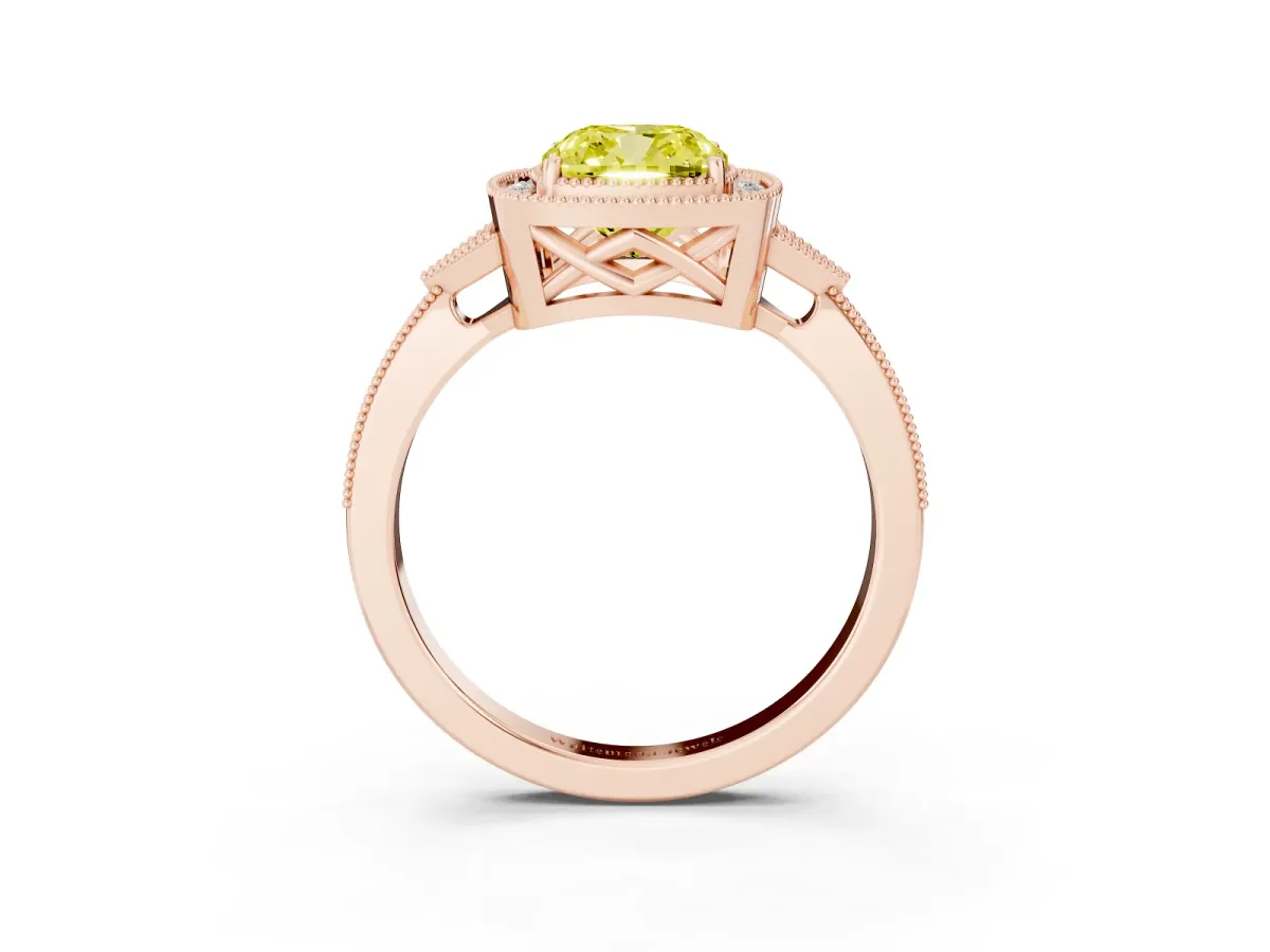Fancy Yellow Cushion Cut Halo Round Diamond Milgrain Pave Engagement Ring Rose gold