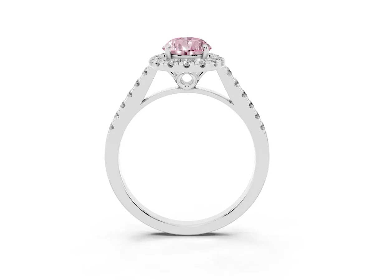 Fancy Pink Pear Cut Halo Pavé Diamond Engagement Ring with Four-Prong Setting Platinum