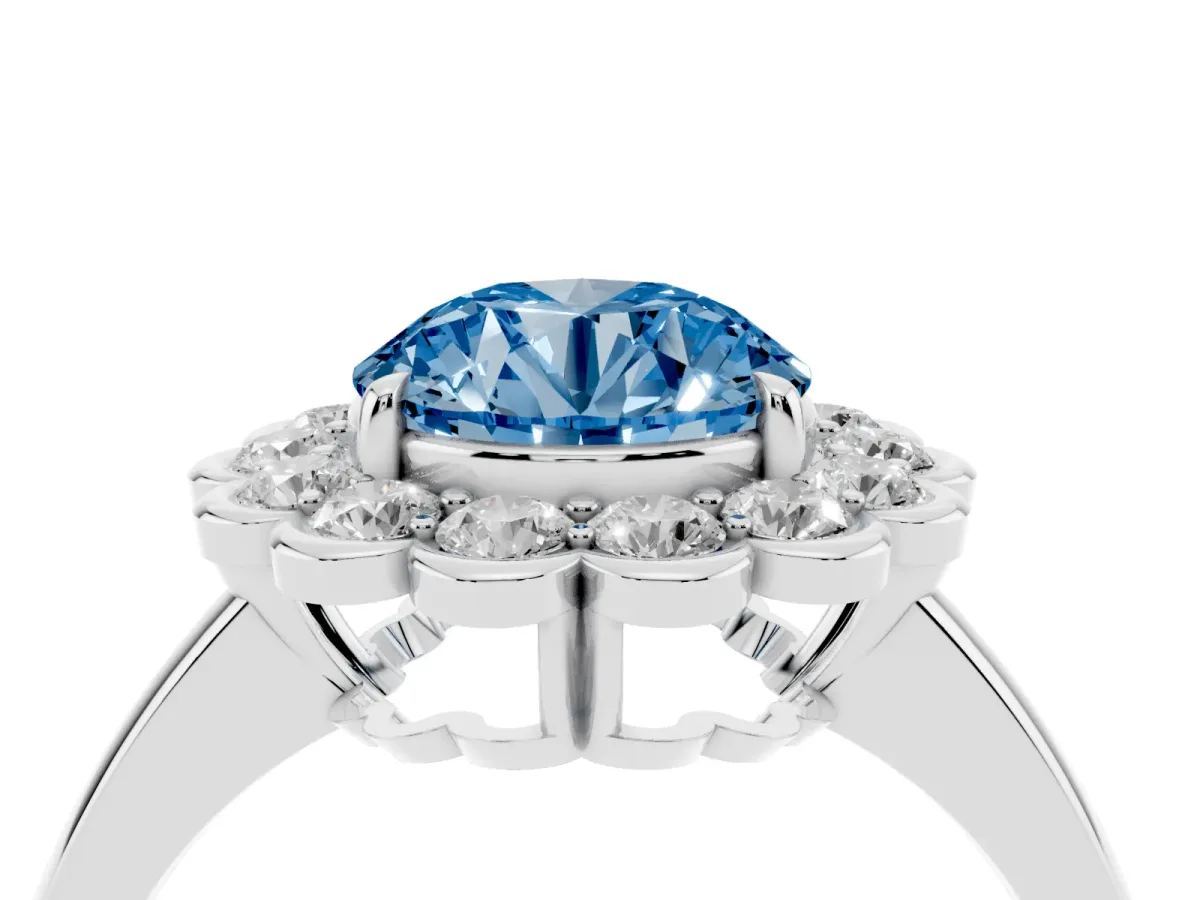 Fancy Blue Round Cut Halo Cluster Diamond Engagement Ring with Solitaire Band and Prong Setting Platinum