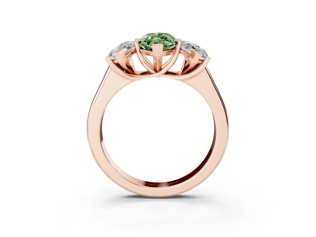 Fancy Green Marquise Cut Three-Stone Diamond Ring with Prong Setting on a Classic Band Rose gold