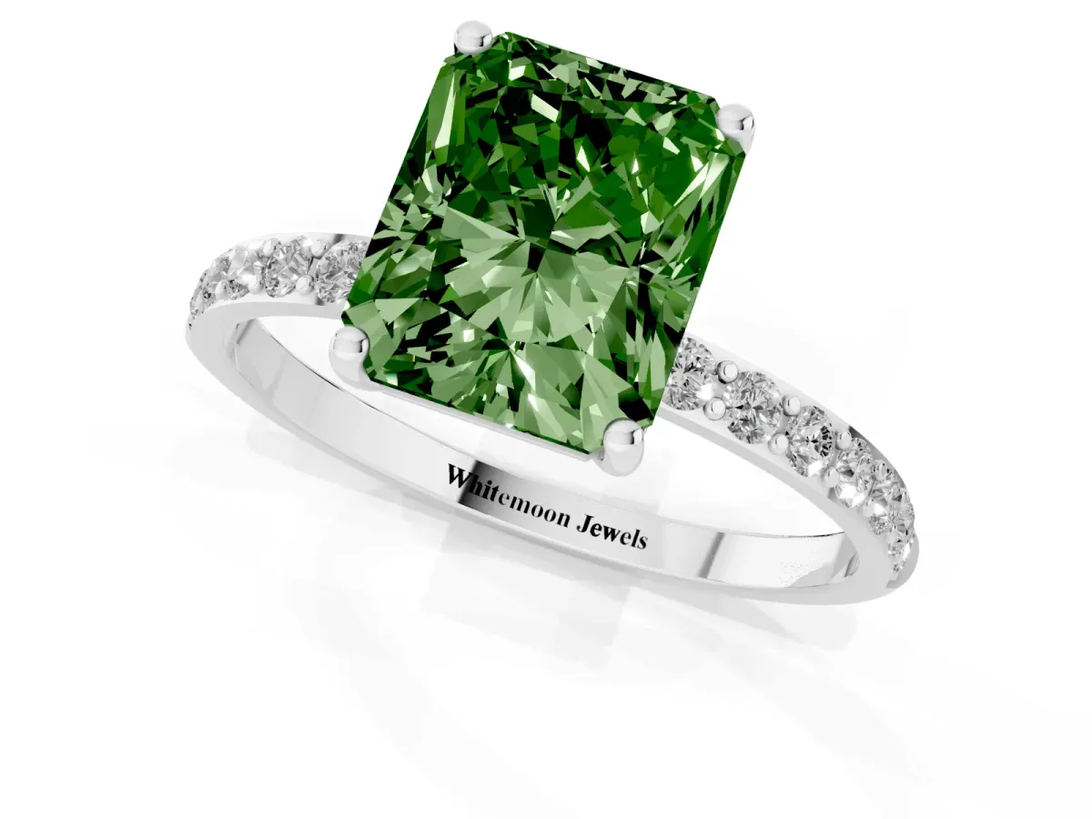 Fancy Green Radiant Cut Diamond Solitaire Ring with Round Pavé Shoulders and Prong Setting Silver