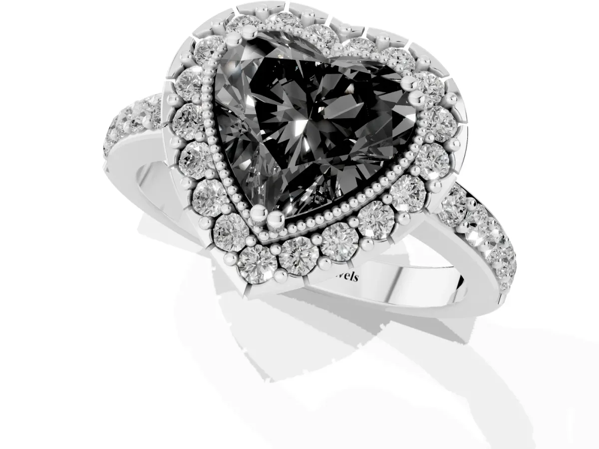 Fancy Black Heart Cut Diamond Halo Ring with Pavé Band and Prong Setting Silver