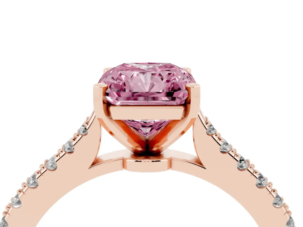 Fancy Pink Radiant Cut Cut Solitaire Diamond Engagement Ring with Pave Band and Four-Prong Setting Rose gold