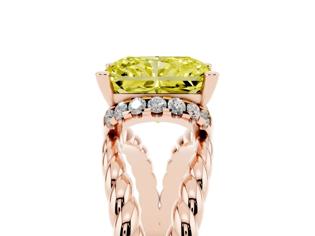 Fancy Yellow Radiant Cut Halo Twisted Band Four-Prong Ring Rose gold