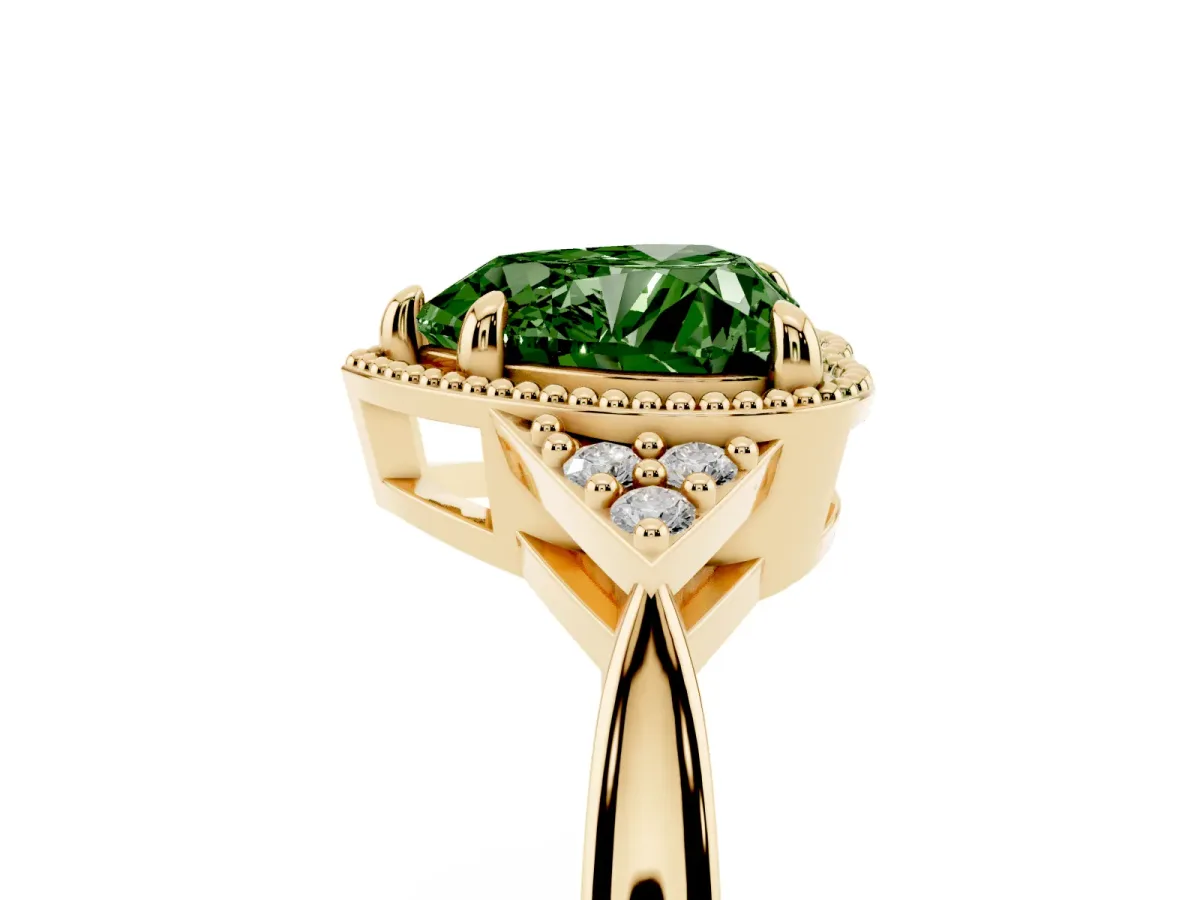 Fancy Green Hexagonal Halo Heart Cut Diamond Solitaire with Pavé Band and Four-Prong Setting Yellow gold