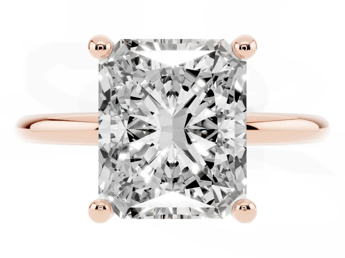Radiant Cut Solitaire Diamond Ring with 4-Prong Setting on a Classic Band Rose gold