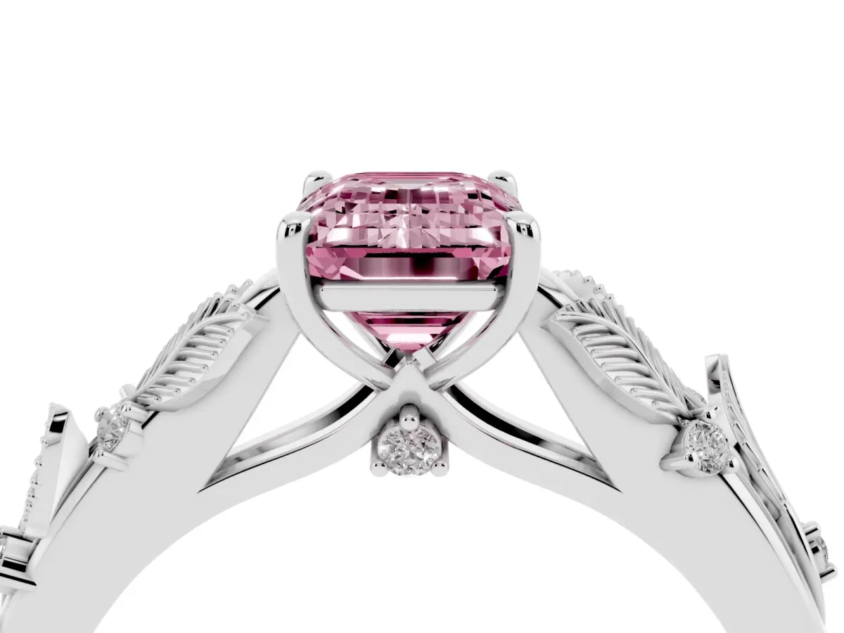 Fancy Pink Emerald Cut Diamond Solitaire Ring with Leaf Motif Band and Four-Prong Setting Silver