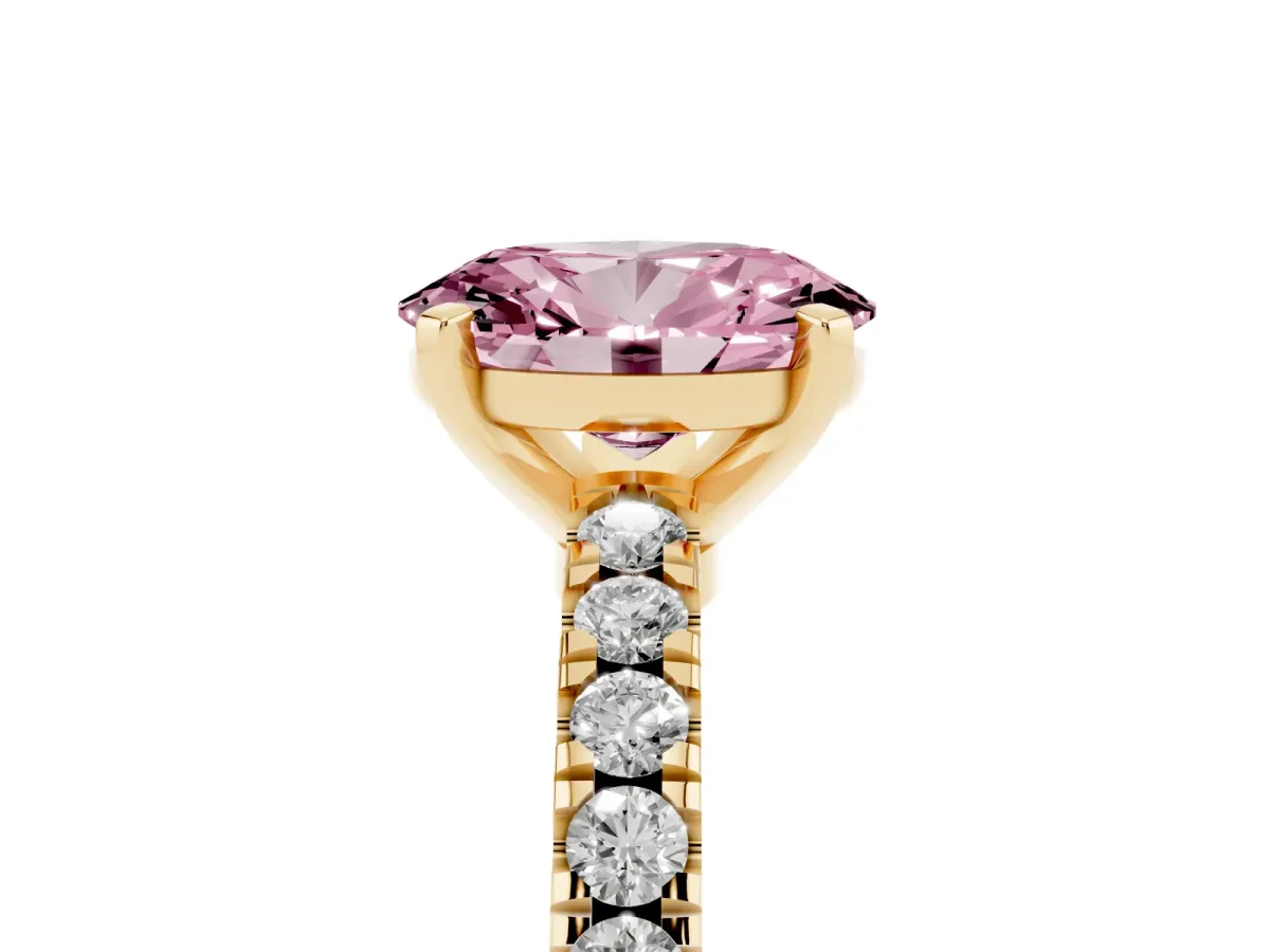Fancy Pink Oval Cut Solitaire Diamond with Pavé Band and Four-Prong Setting Yellow gold