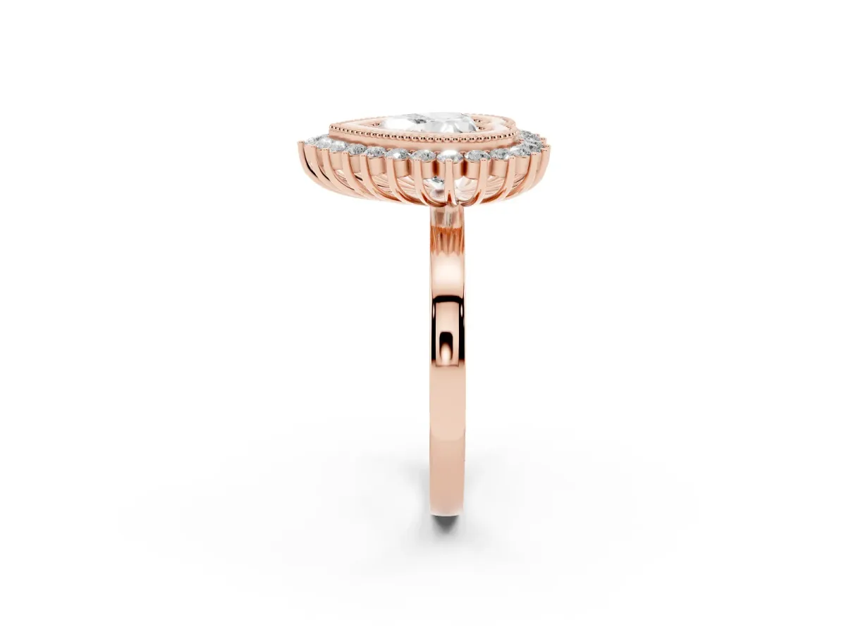 Heart Cut Halo Diamond Ring with Milgrain Edge and Round Prong Setting Rose gold