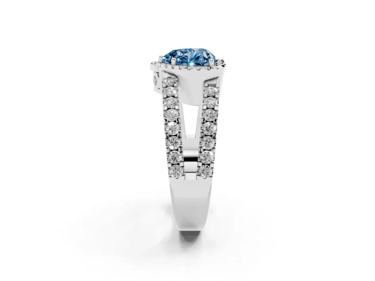 Fancy Blue Heart Cut Cut Halo Split Shank Diamond Ring with Four-Prong Setting Platinum