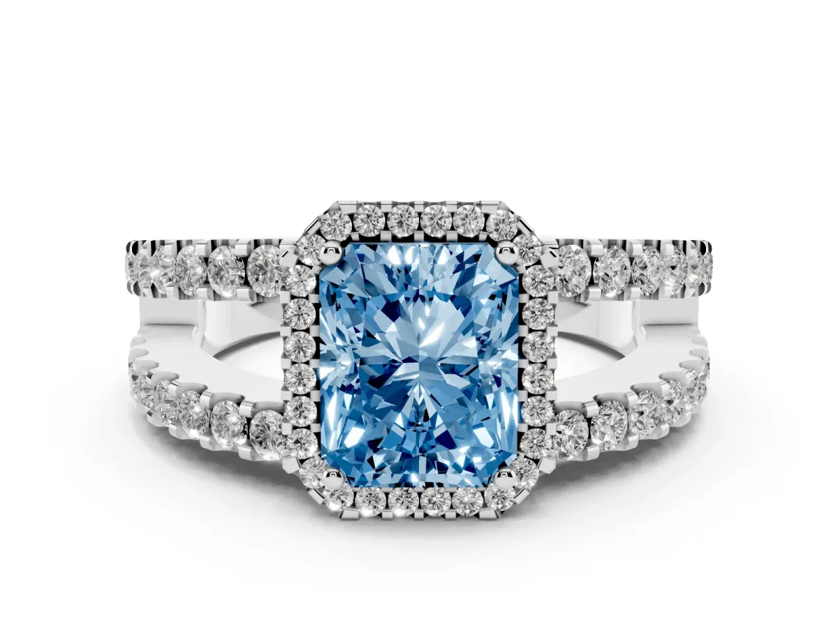 Fancy Blue Radiant Cut Cut Halo Split Shank Diamond Ring with Four-Prong Setting Platinum