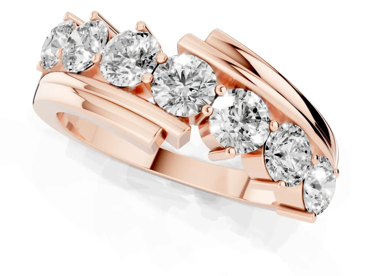Round Diamond Wave Band with Channel and Shared Prong Setting Rose gold