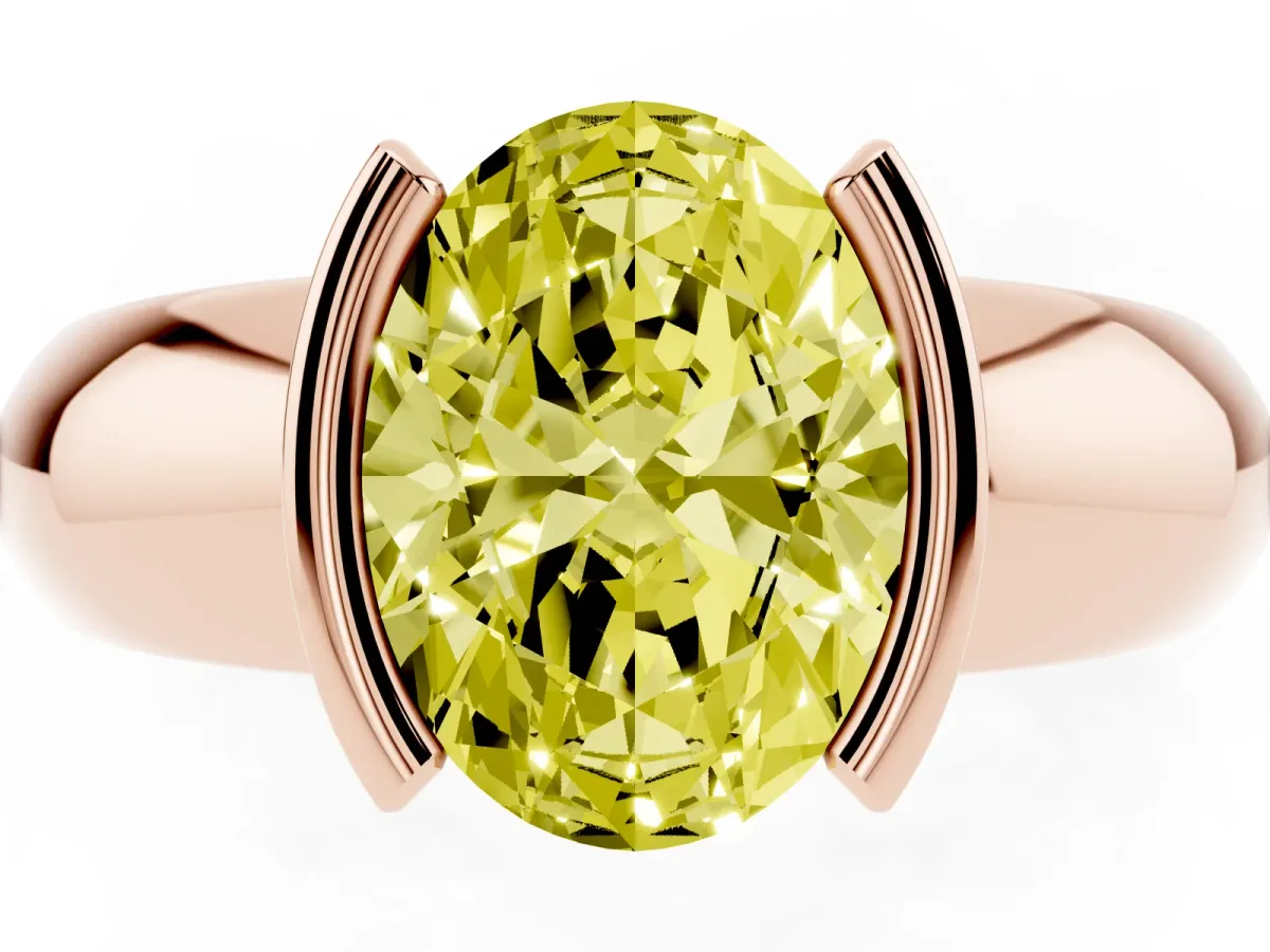 Fancy Yellow Oval Cut Solitaire Tension Set Diamond Ring with Wide Band Rose gold