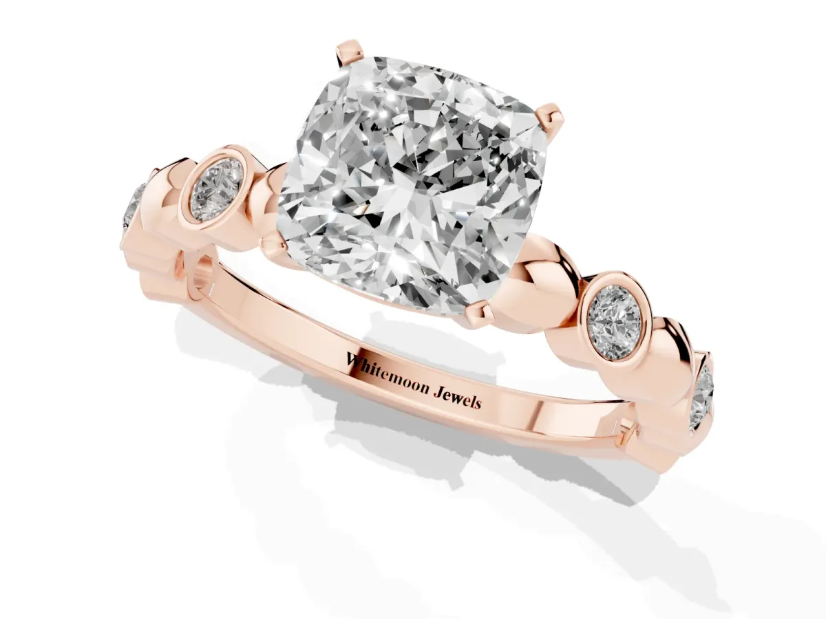 Cushion Cut Solitaire Bezel-Set Diamond Ring with Beaded Band and Four-Prong Setting Rose gold