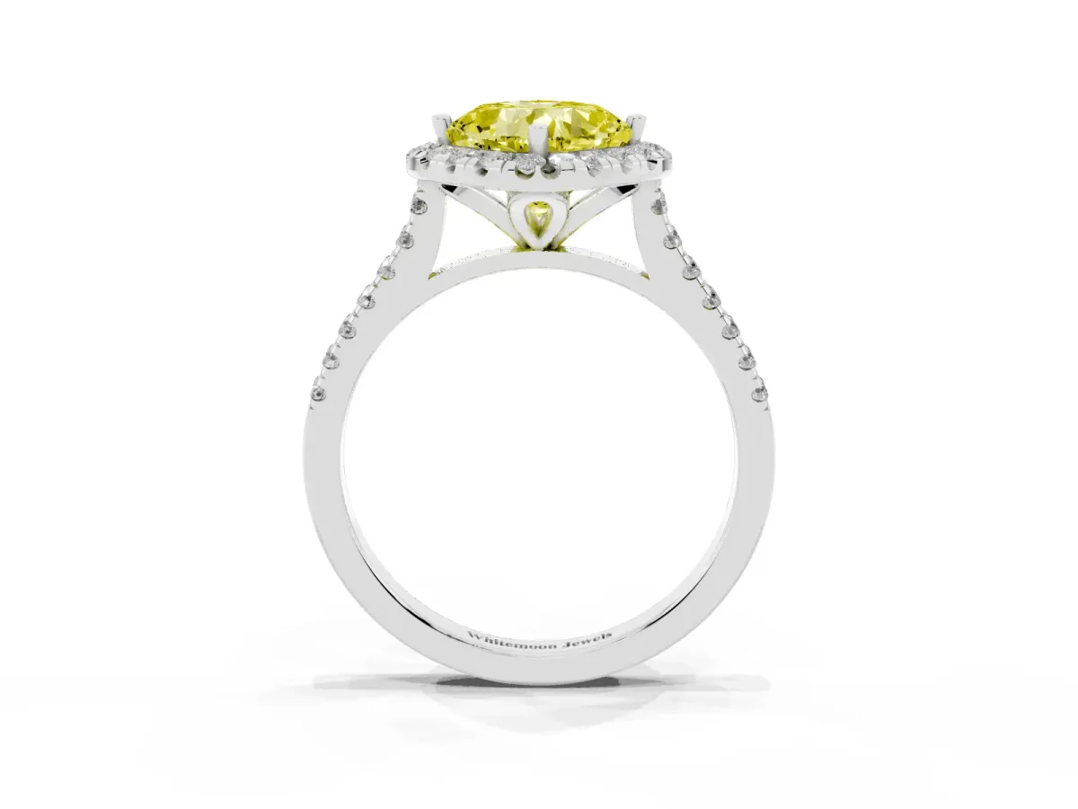 Fancy Yellow Cushion Cut Diamond Cushion Halo Ring with Pavé Band Silver