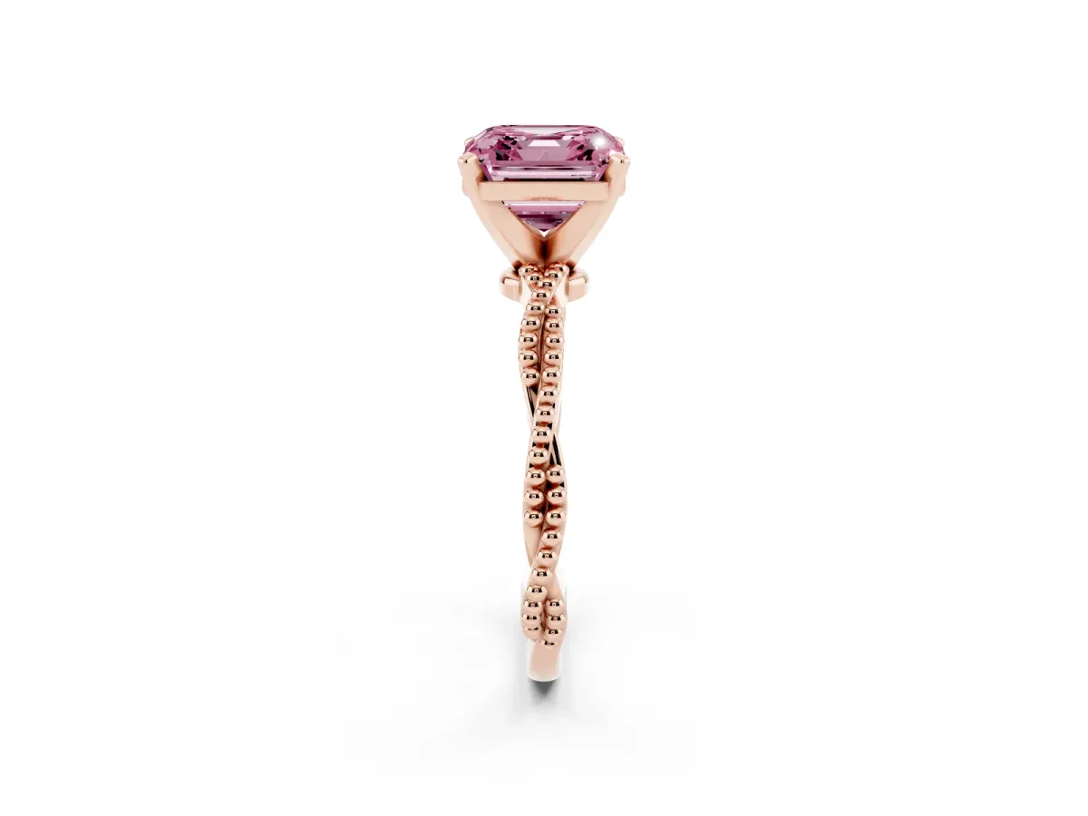 Fancy Pink Asscher Cut Solitaire Twisted Band with Bead Prong Setting Rose gold
