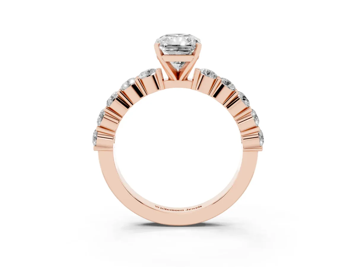 Radiant Cut Diamond Solitaire Ring with Shared Prong Round Side Stones Rose gold