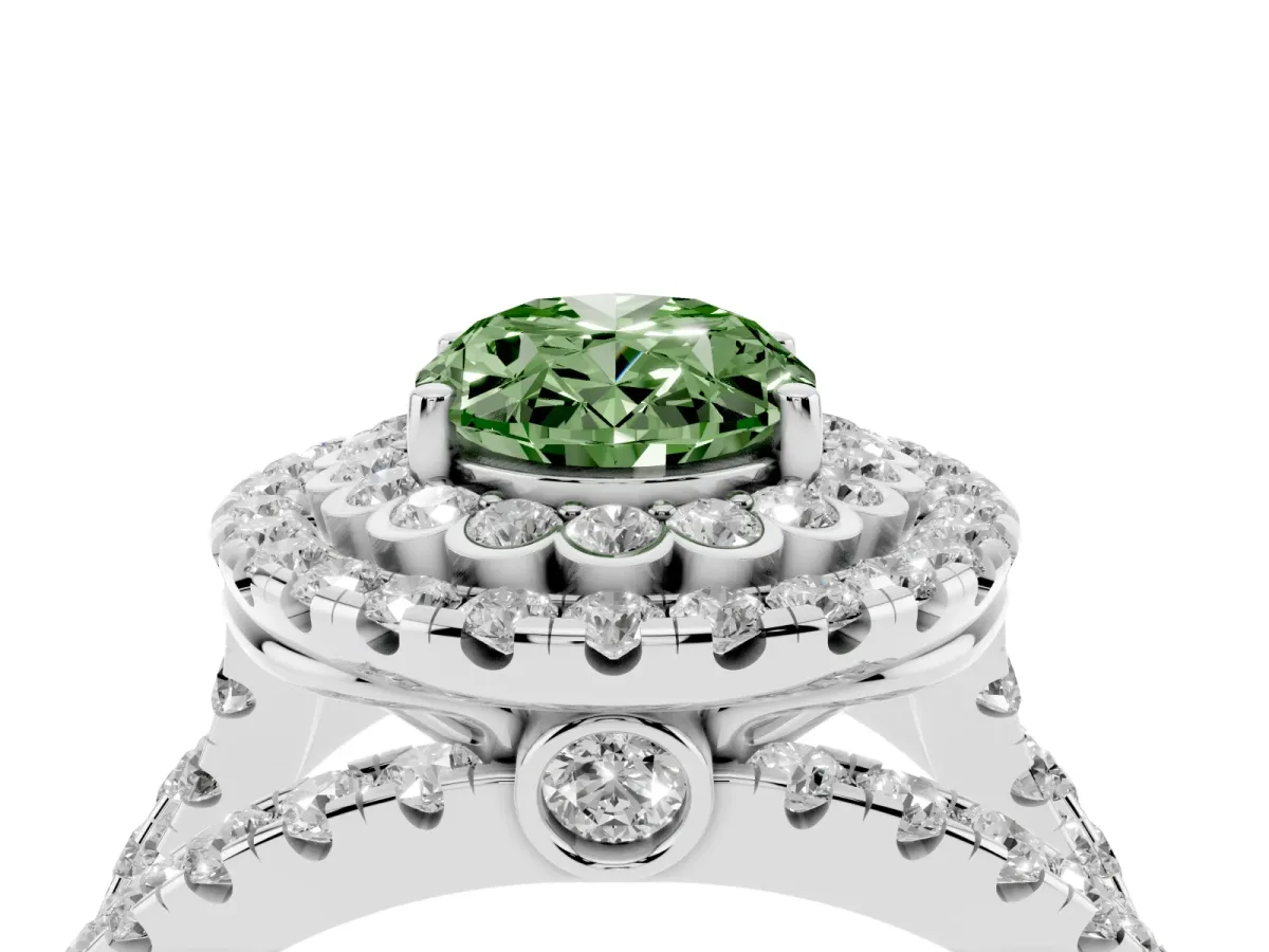 Fancy Green Oval Cut Diamond Double Halo Ring with Round Pavé Split Shank and Prong Setting Silver