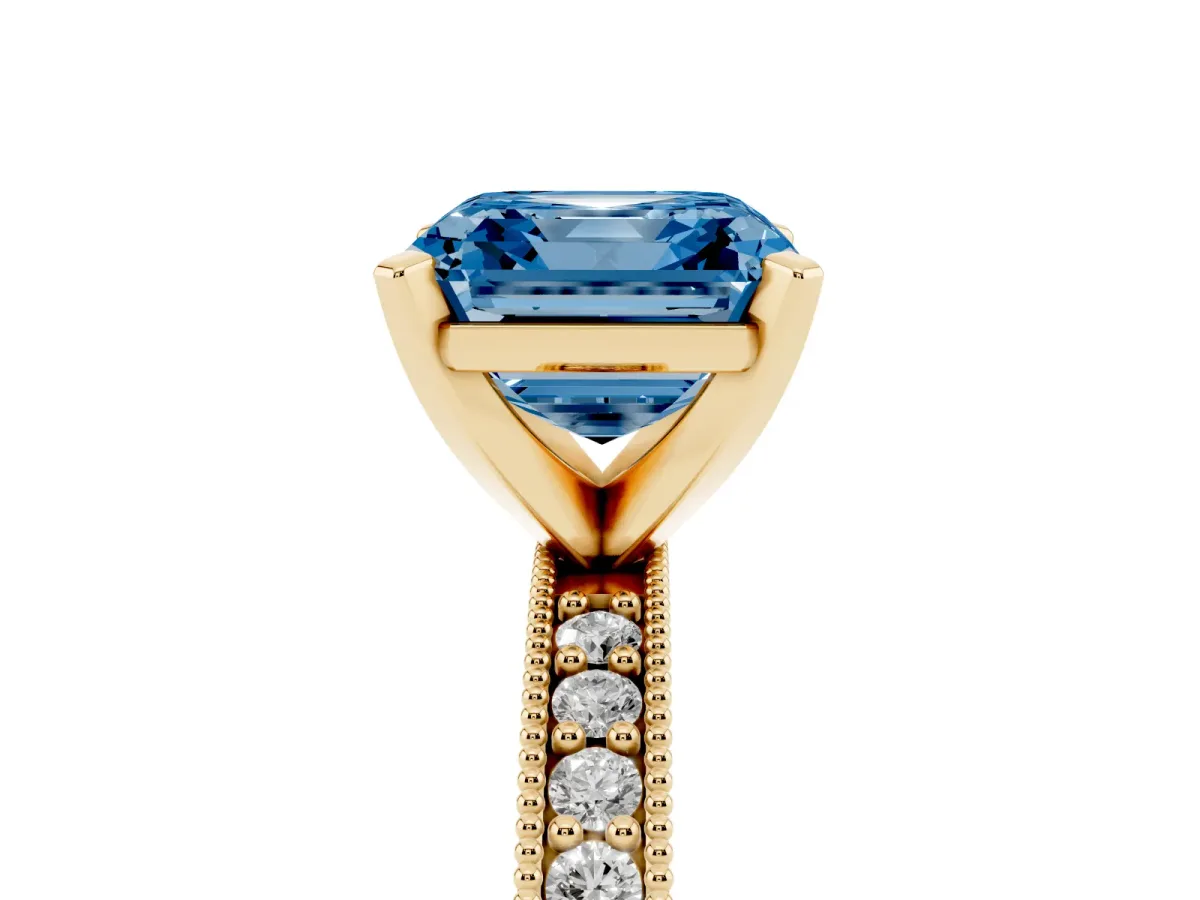 Fancy Blue Asscher Cut Diamond Milgrain Pavé Engagement Ring with Four-Prong Setting Yellow gold