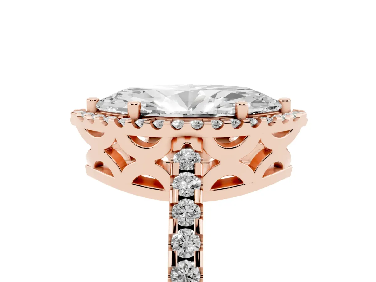 Marquise Cut Diamond Halo Engagement Ring with Pavé Band and Prong Setting Rose gold