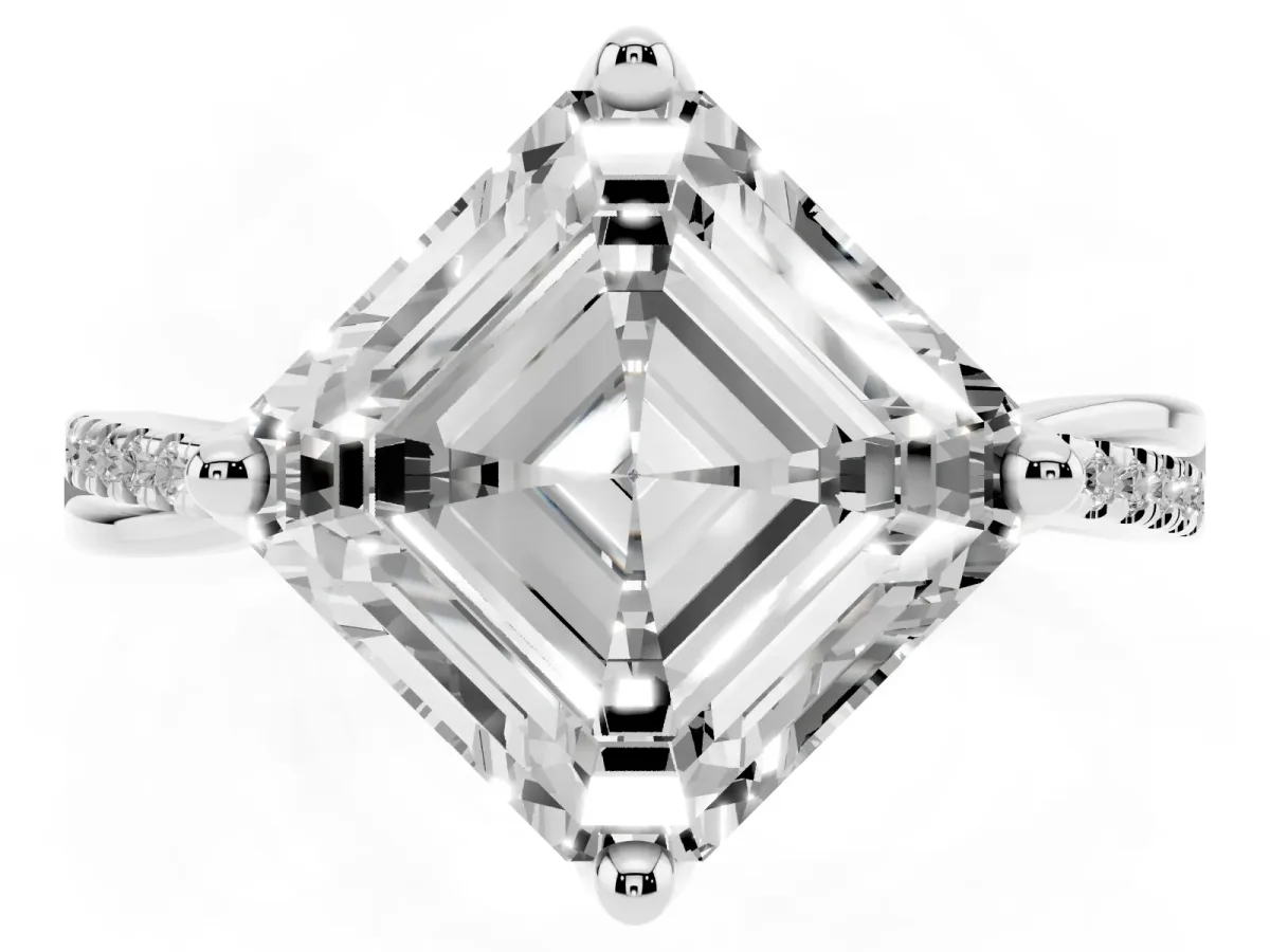 Asscher Cut Solitaire Twist Band with Pavé Diamonds and Four-Prong Setting White gold