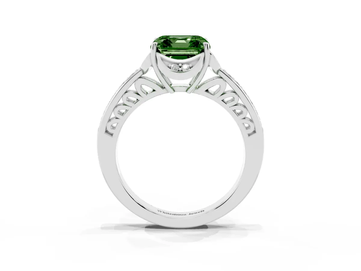 Fancy Green Asscher Cut Cut Halo Diamond Ring with Channel Set Band and Four-Prong Setting White gold