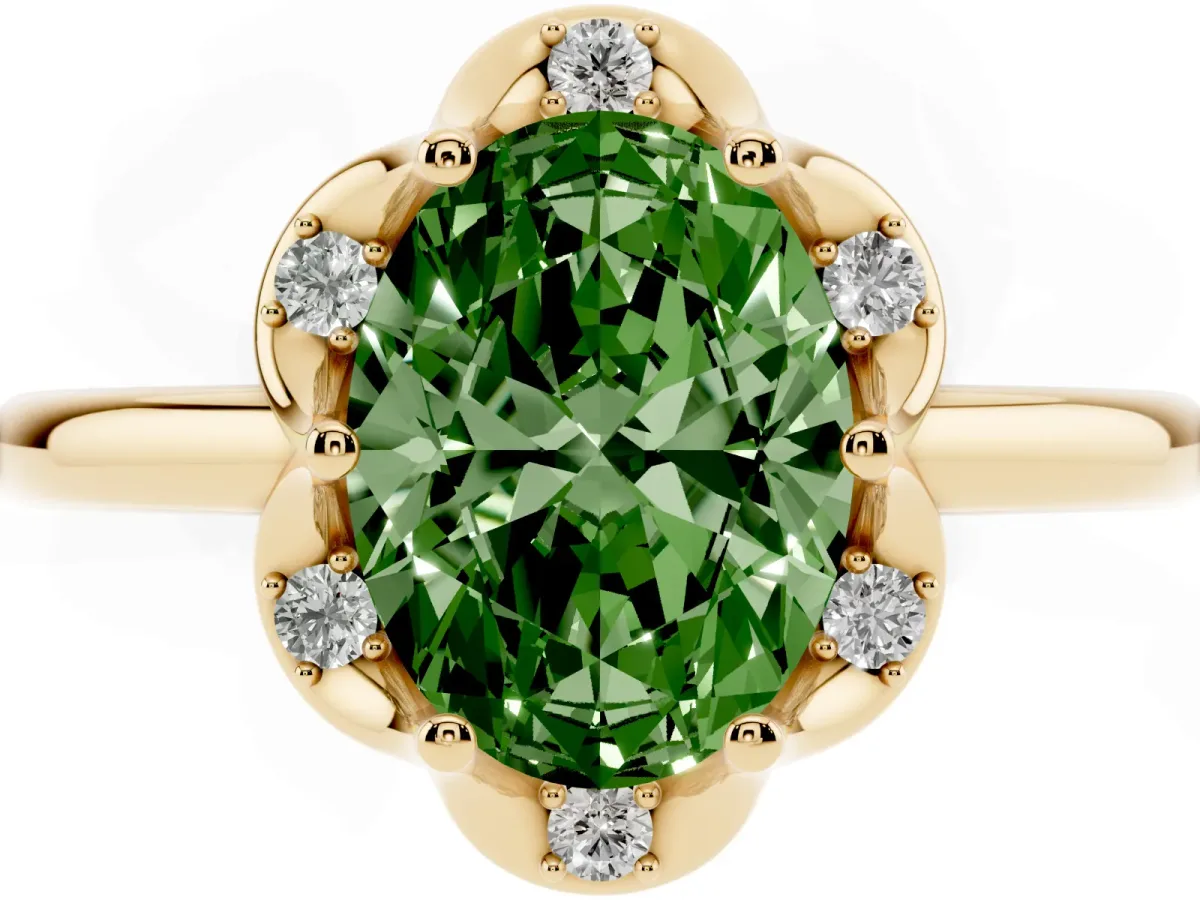 Fancy Green Oval Cut Halo Diamond Ring with Round Cluster Setting, Solitaire Band, and Four-Prong Setting Yellow gold