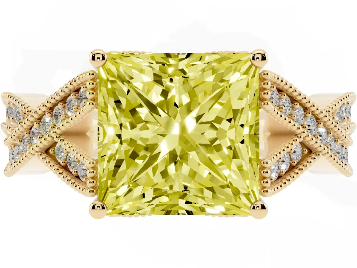 Fancy Yellow Princess Cut Cut Diamond Twisted Band with Milgrain Pave Setting and Four-Prong Setting Yellow gold