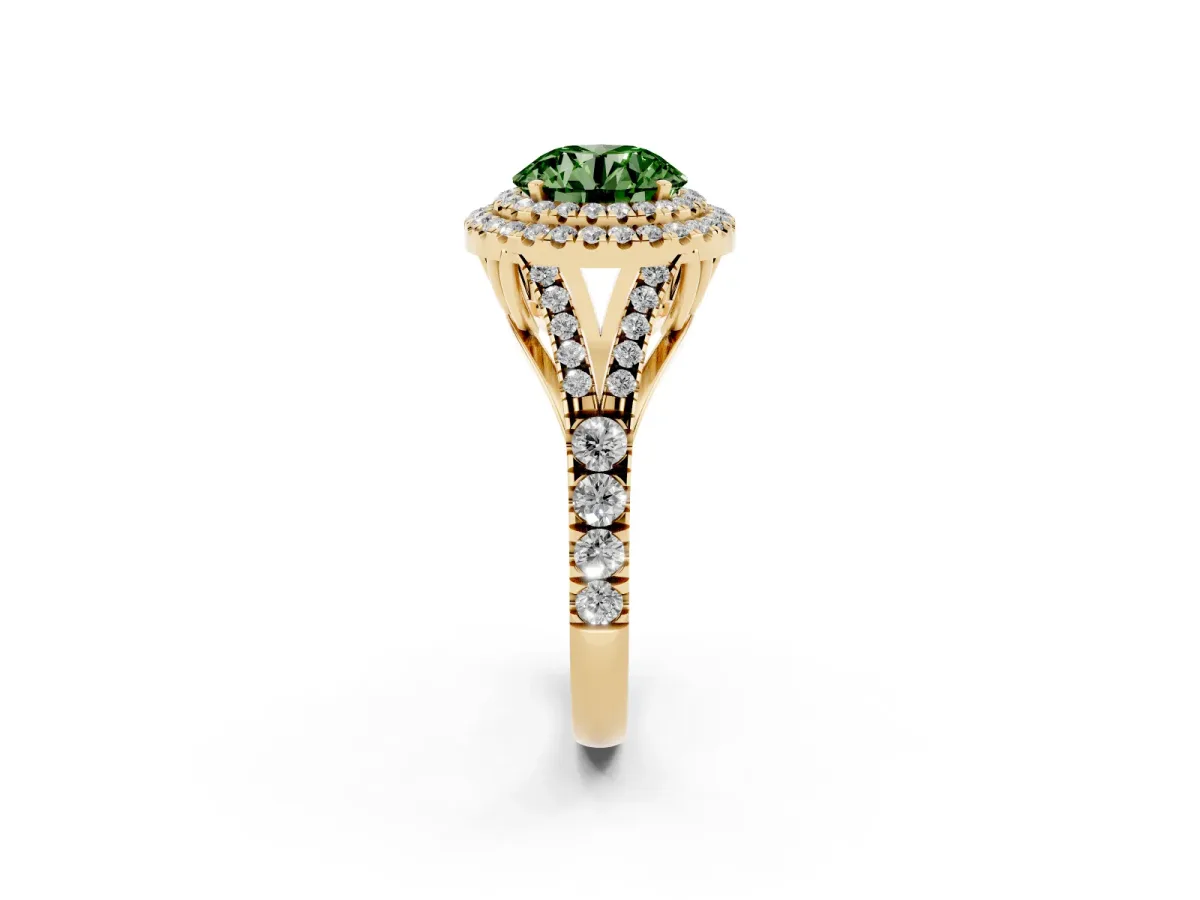 Fancy Green Round Cut Diamond Pavé Split Shank Double Halo Engagement Ring Yellow gold