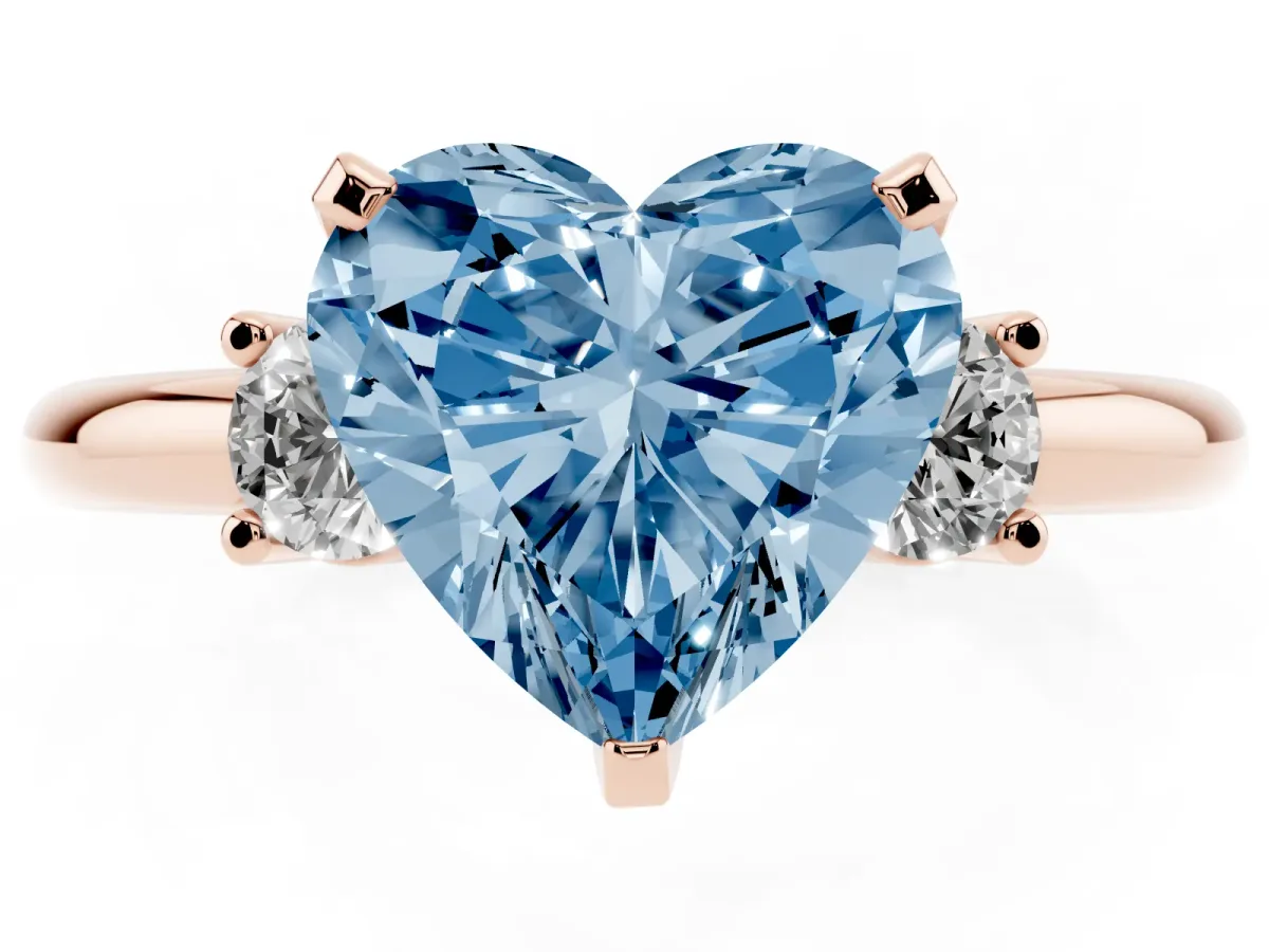 Fancy Blue Three-Stone Heart Cut Cut Diamond Solitaire with Prong Setting and Classic Band Rose gold