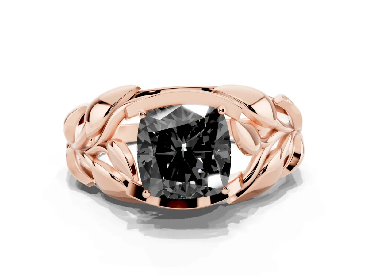 Fancy Black Cushion Cut Diamond Leaf-Inspired Engagement Ring with Round Accents and Prong Setting Rose gold