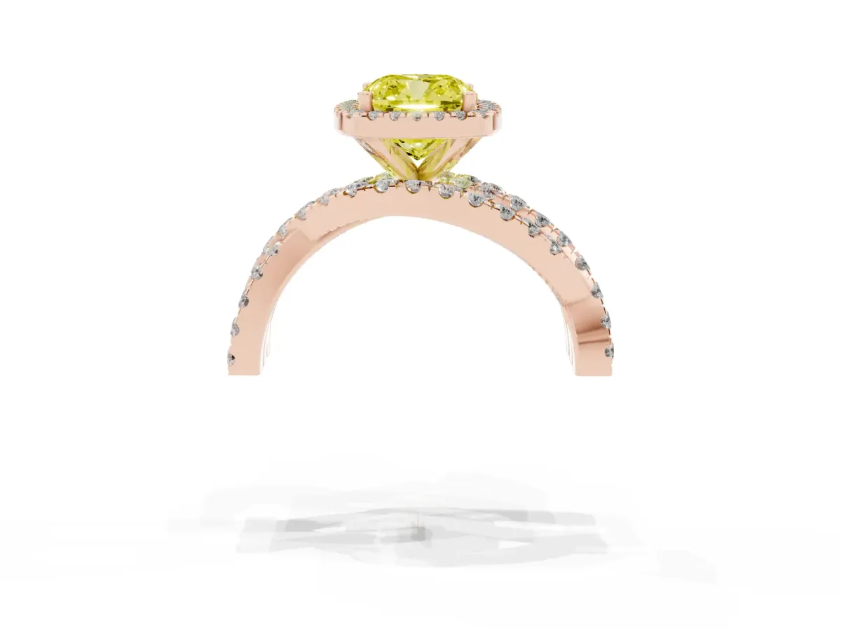 Fancy Yellow Cushion Cut Diamond Halo Ring with Round Split Shank and Prong Setting Rose gold