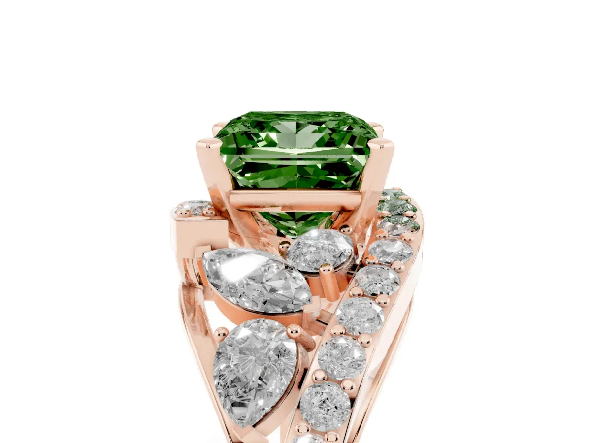 Fancy Green Princess Cut Diamond Halo Ring with Marquise and Pavé Band in Prong Setting Rose gold