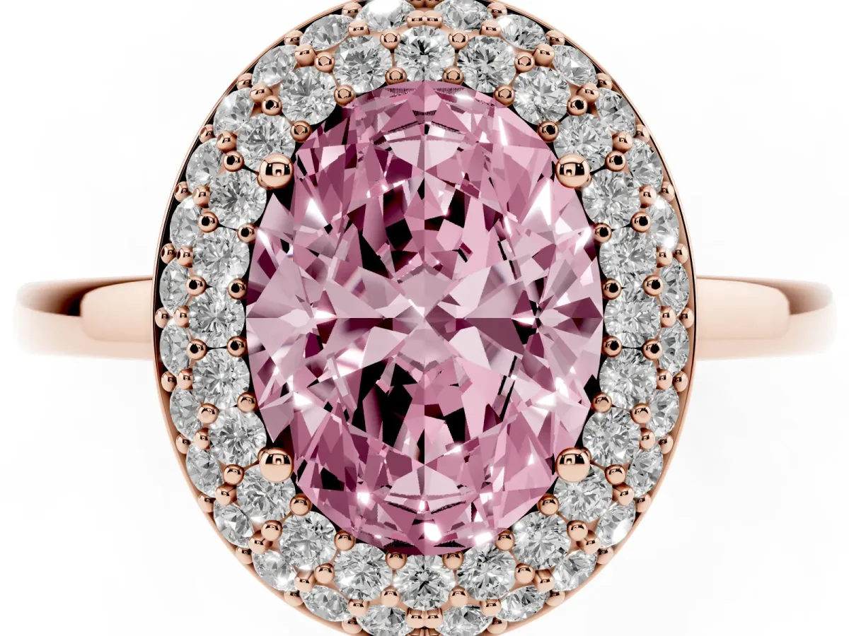 Fancy Pink Oval Cut Halo Diamond Engagement Ring with Solitaire Band and Four-Prong Setting Rose gold