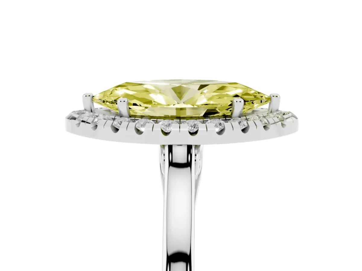 Fancy Yellow Marquise Cut Halo Round Diamond Solitaire Ring with Pavé Band and Four-Prong Setting Silver