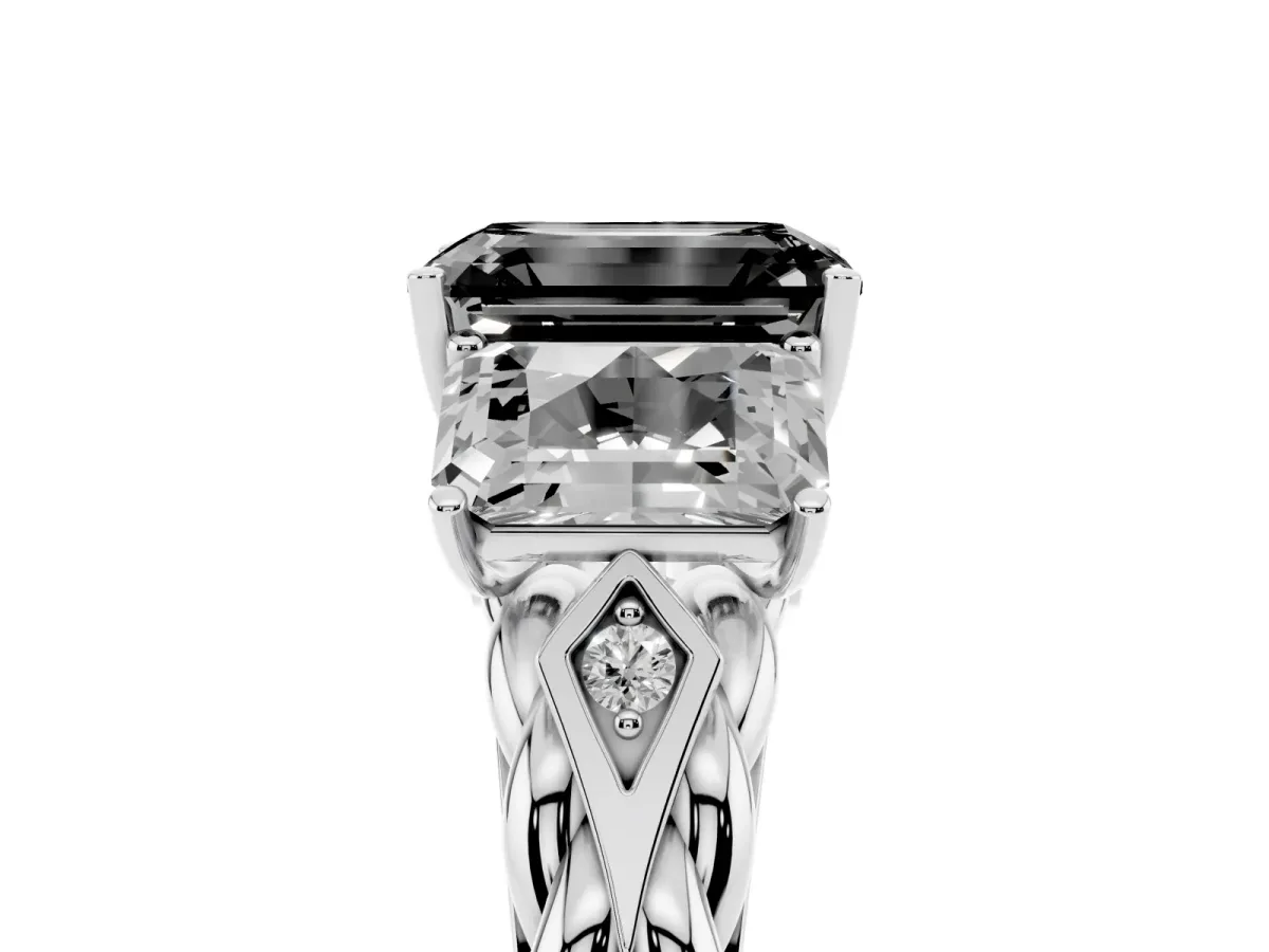 Fancy Black Three-Stone Radiant Cut Diamond Braided Band Ring with Four-Prong Setting Platinum