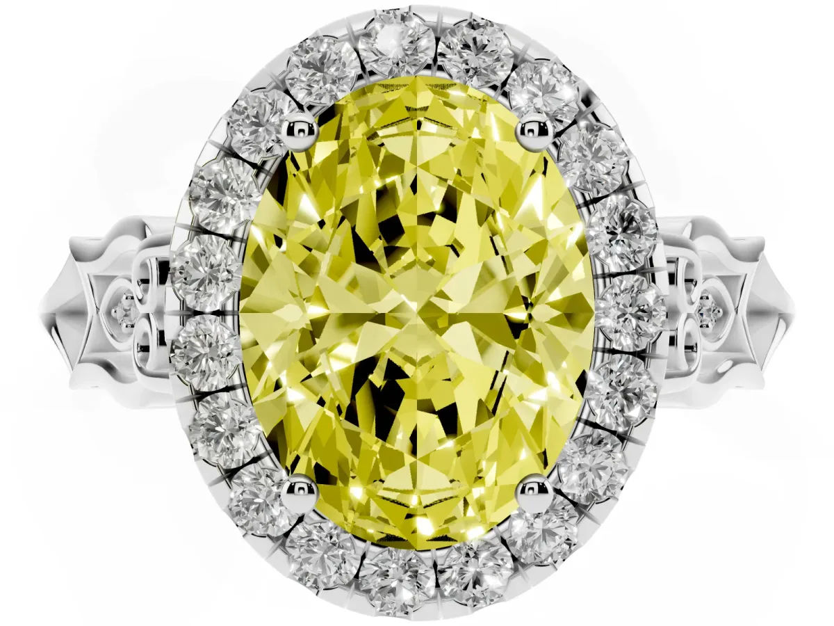 Fancy Yellow Oval Cut Halo Diamond Engagement Ring with Filigree Band and Four-Prong Setting Platinum