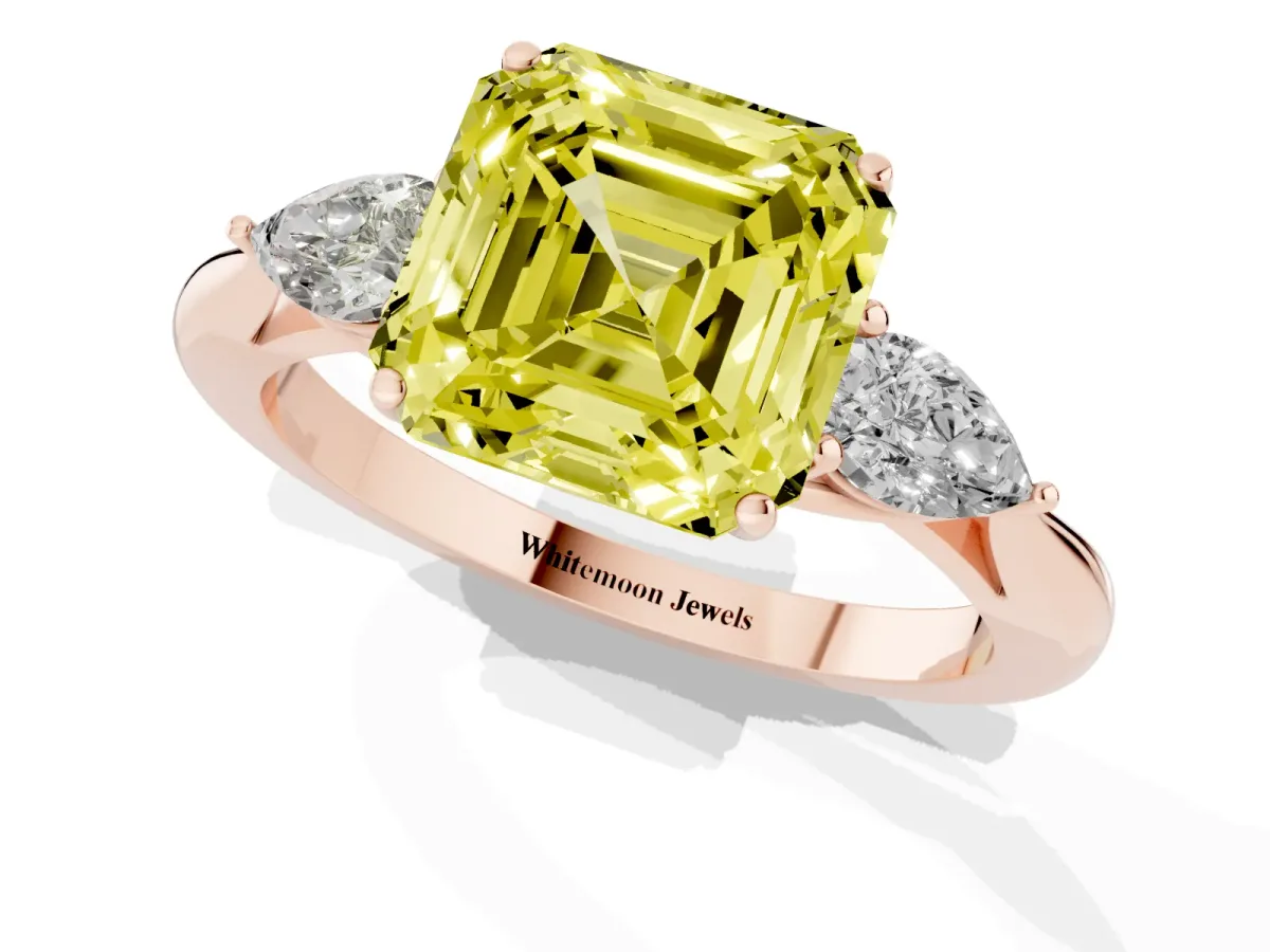 Fancy Yellow Three-Stone Asscher Cut Brilliant Diamond Solitaire Ring with Tapered Band and Four-Prong Setting Rose gold