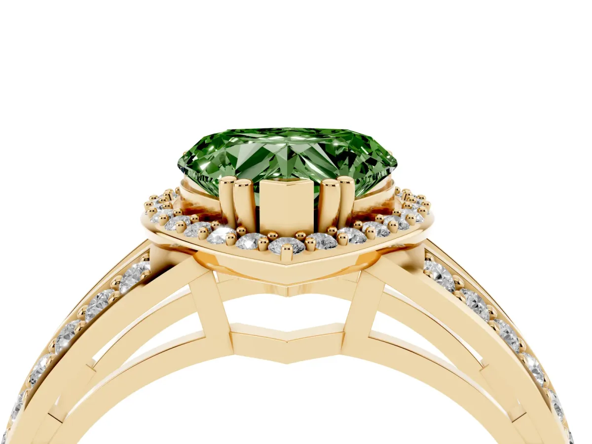 Fancy Green Heart Cut Diamond Halo Ring with Split Shank Pavé Band and Four-Prong Setting Yellow gold