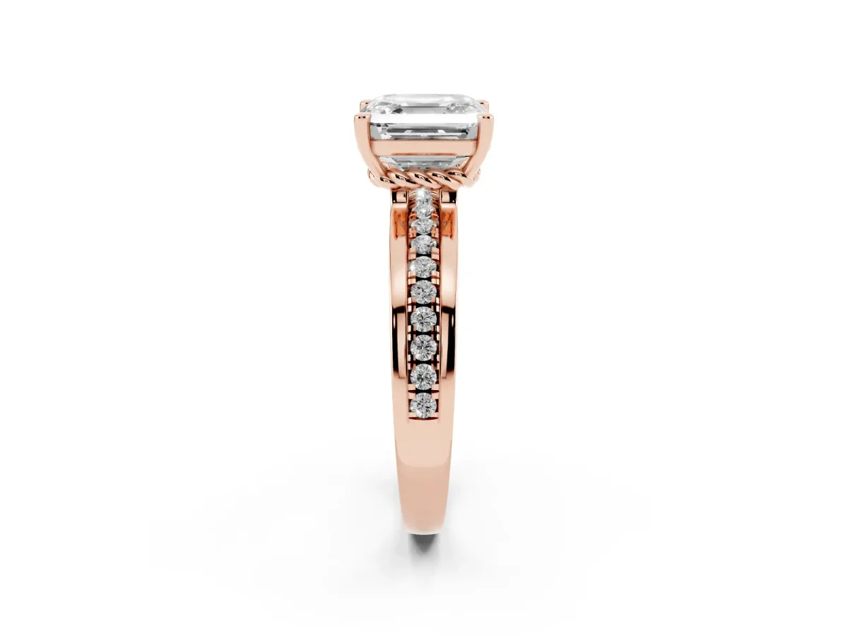 Asscher Cut Solitaire Diamond Ring with Channel Set Band and Six-Prong Setting Rose gold