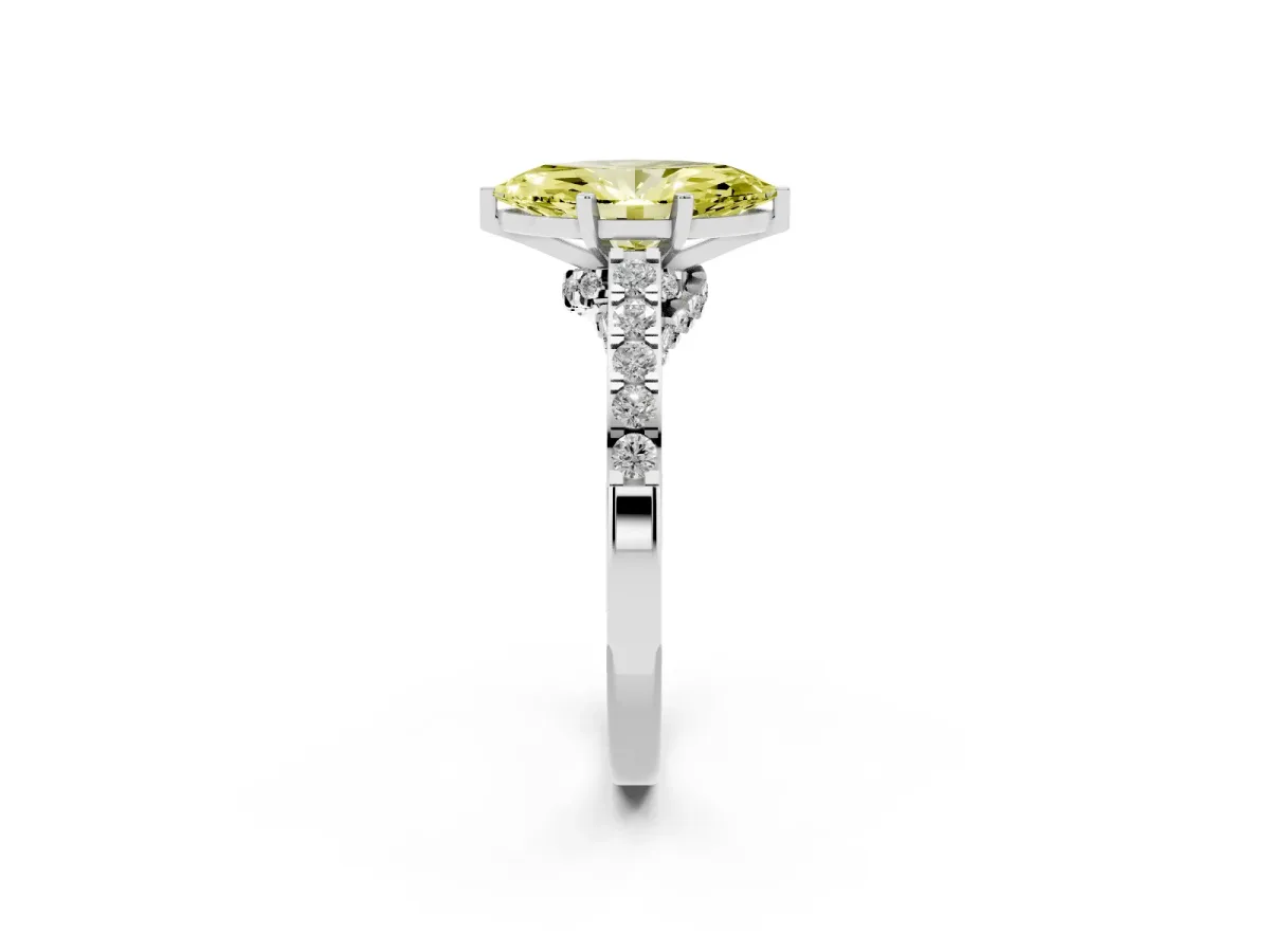 Fancy Yellow Marquise Cut Diamond Solitaire Ring with Crossover Gallery and Round Pavé Band Platinum