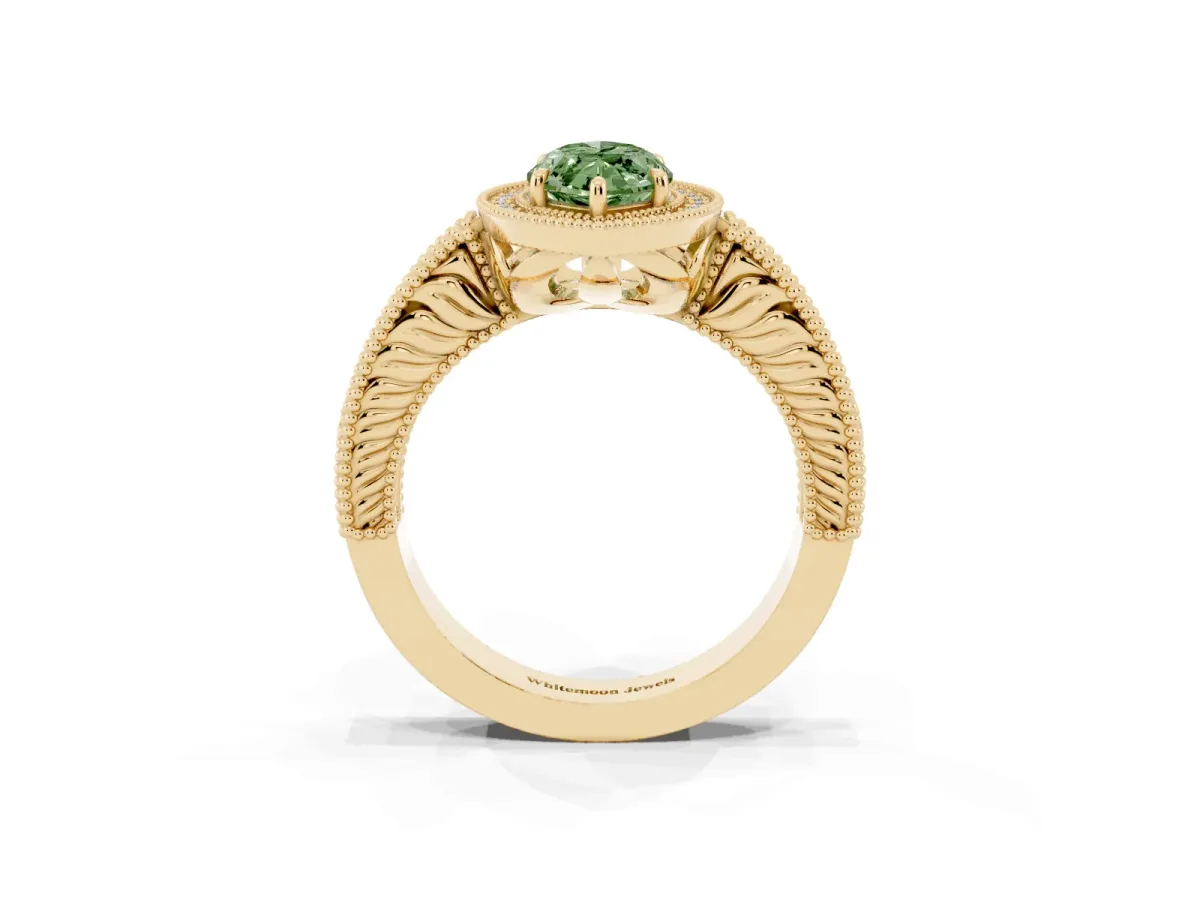Fancy Green Marquise Cut Cut Halo Diamond Ring with Pavé Band and Four-Prong Setting Yellow gold