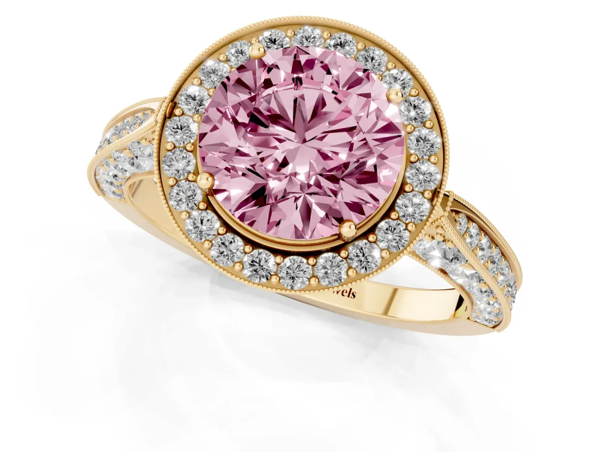 Fancy Pink Round Cut Halo Diamond Engagement Ring with Split Shank Band and Four-Prong Setting Yellow gold