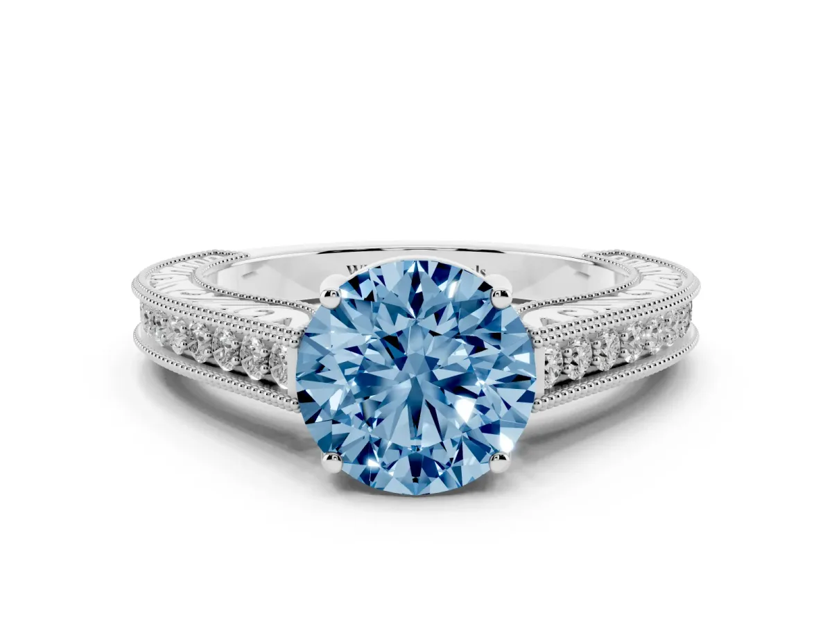 Fancy Blue Round Cut Cut Pave Band Milgrain Solitaire Ring Silver