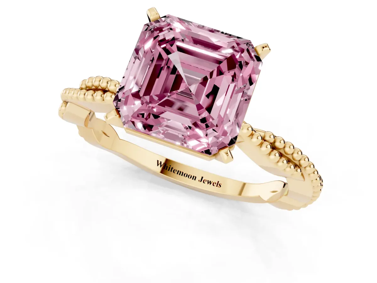 Fancy Pink Asscher Cut Solitaire Twisted Band with Bead Prong Setting Yellow gold