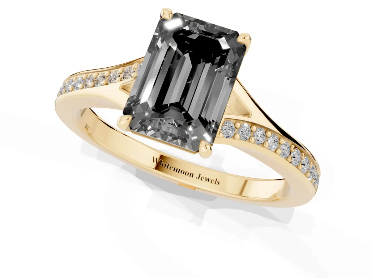Fancy Black Emerald Cut Diamond Solitaire Ring with Pavé Band and Prong Setting Yellow gold