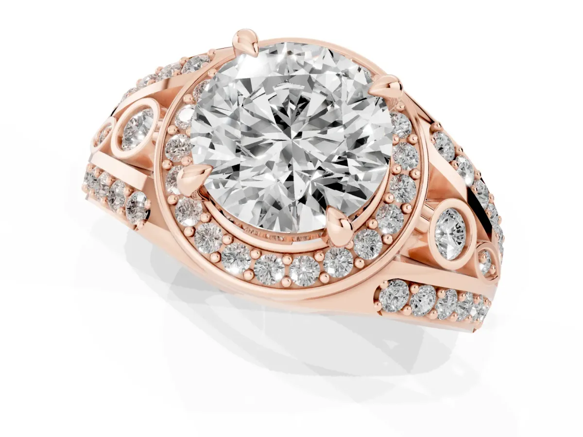 Round Cut Diamond Halo Ring with Split Shank and Bezel Accents and Four-Prong Setting Rose gold