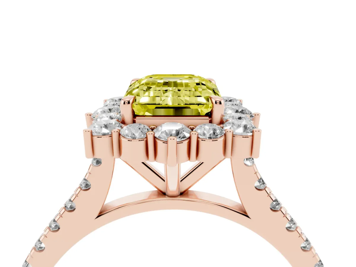 Fancy Yellow Emerald Cut Halo Diamond Ring with Pavé Band and Prong Setting Rose gold