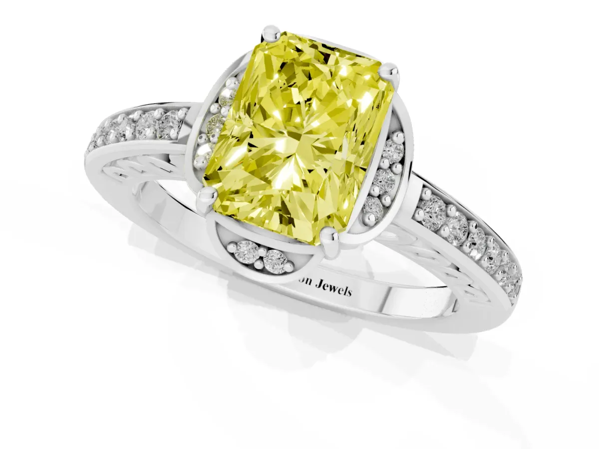 Fancy Yellow Radiant Cut Cut Halo Diamond Ring with Channel Set Band and Four-Prong Setting Silver