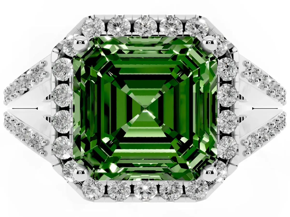 Fancy Green Asscher Cut Halo Split Shank Diamond Ring with Prong Setting Silver